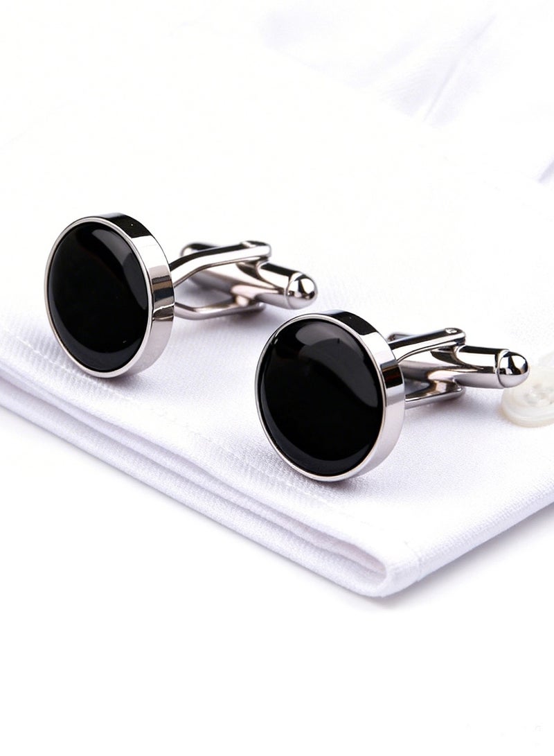 DB Innov. Cufflinks, Black Silver Frame Round Cufflinks, 2 PCS for One Set Premium Copper Jewelry Specially Design for Men's Shirt Wedding Business Gift with Delicate Package Box. - Image 1